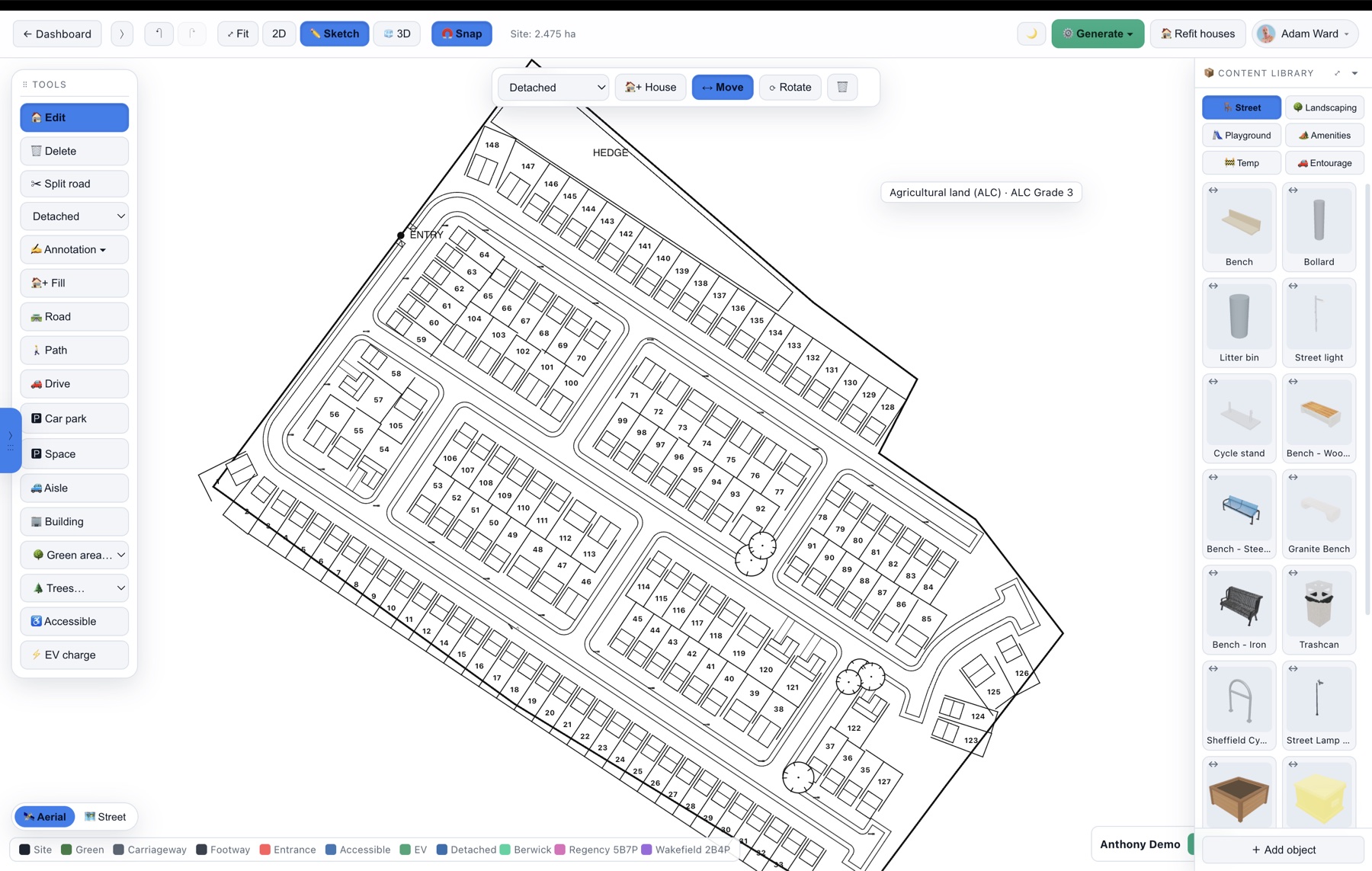 A Gen 1 ladder-grid layout β parallel access streets with houses packed along them.